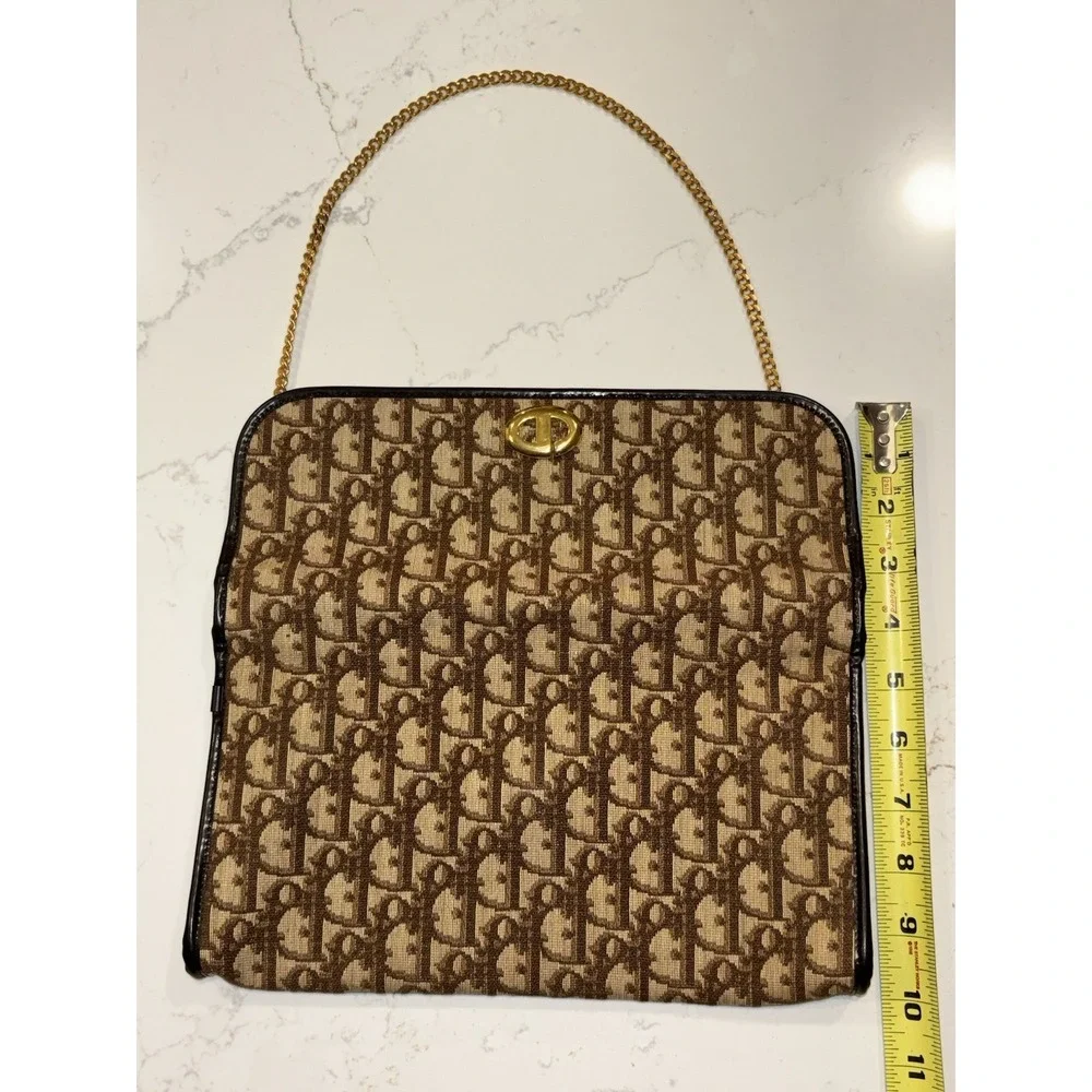 Dior Monogram Trotter Beige Brown Clutch Bag Gold Chain Shoulder Bag